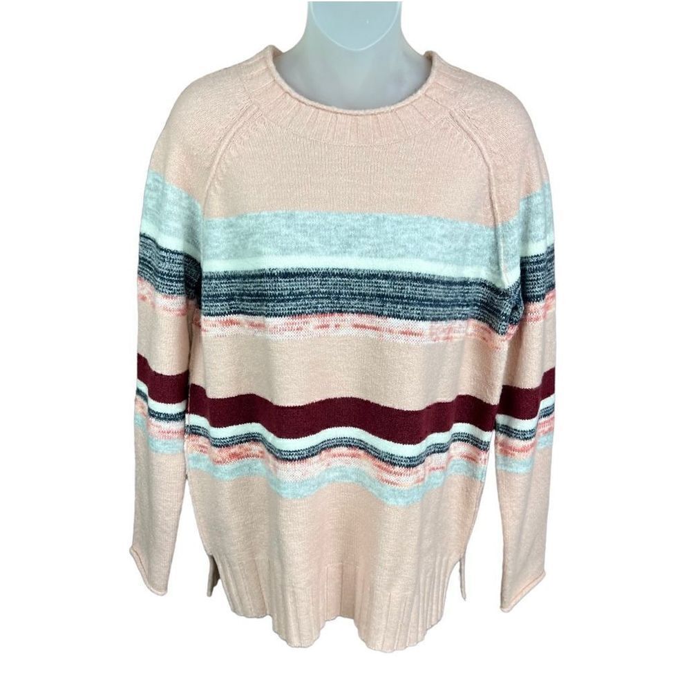 Caslon Sweater Pink Rocking Stripe Crew Neck Wide Ribbed Hem Side Slits Medium